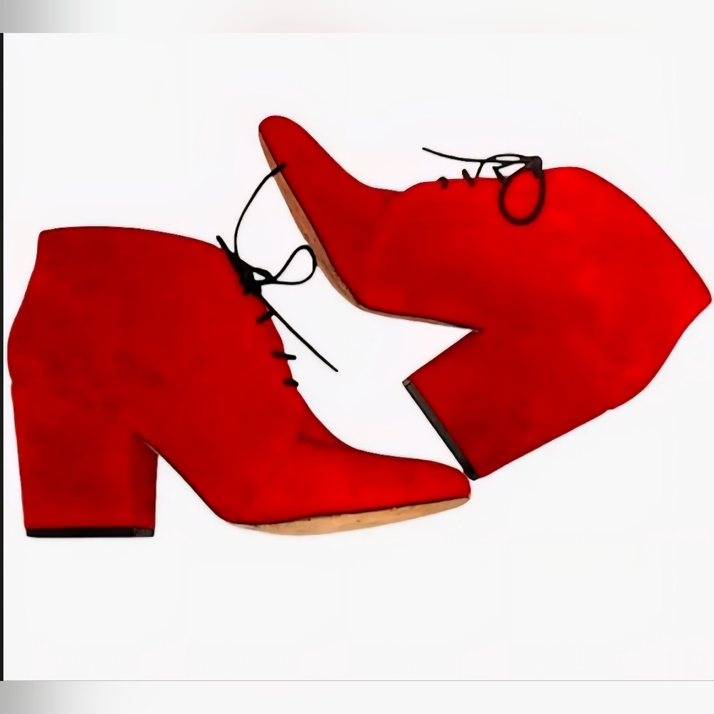 Kate Spade Red Suede 3" Block Heel Almond Toe Tie-Up‎ Bootie w Black Shoe Lace